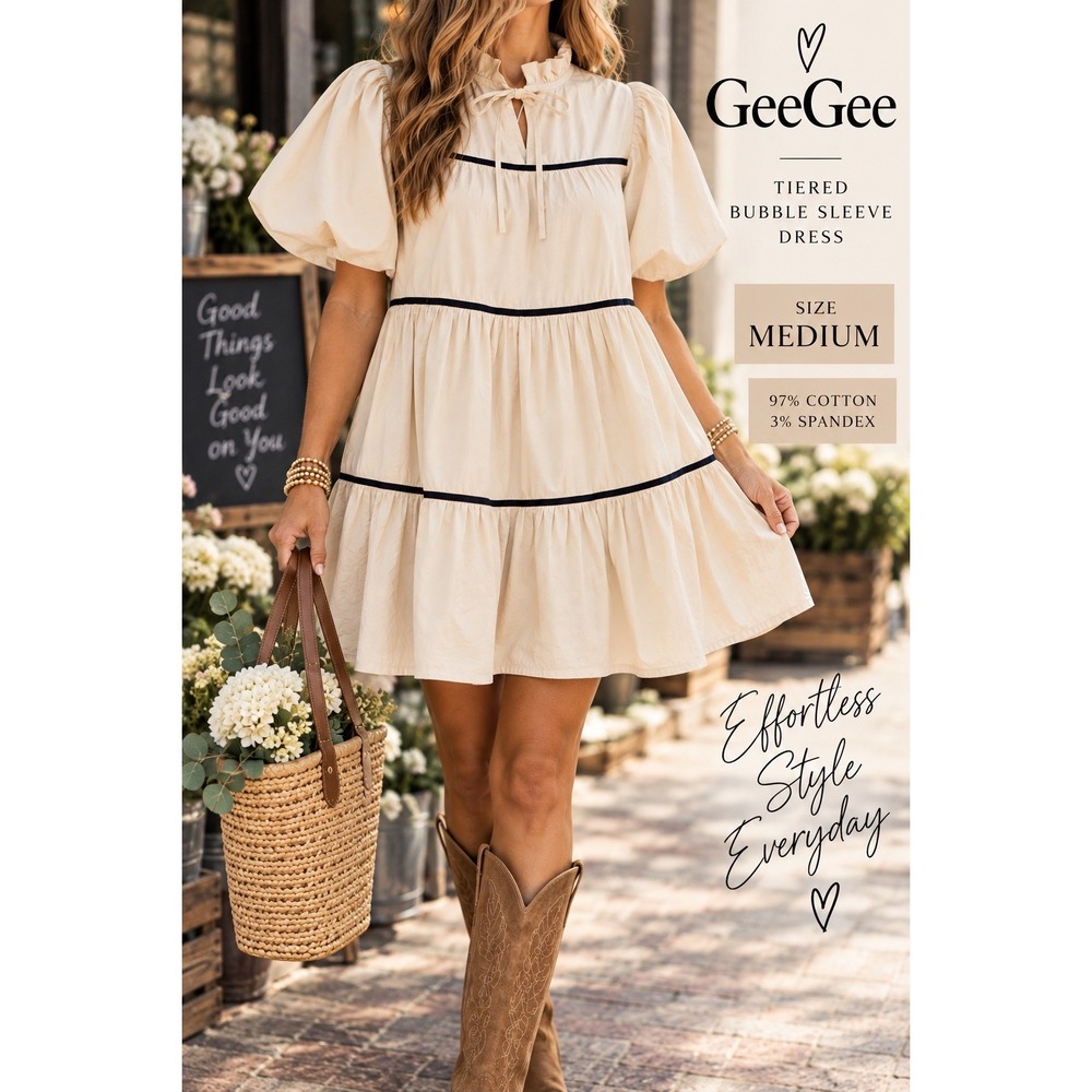 GeeGee Beige Tiered Bubble Sleeve Dress Black Trim Mini Babydoll PG240319-004 M